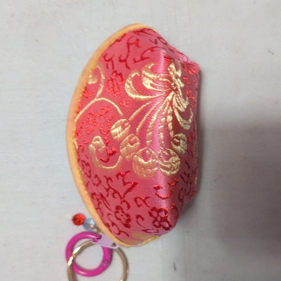Pink and Gold Chinese Brocade Embroidered Floral Coin Purse, Bag Charm, Keyring - Picture 6 of 7